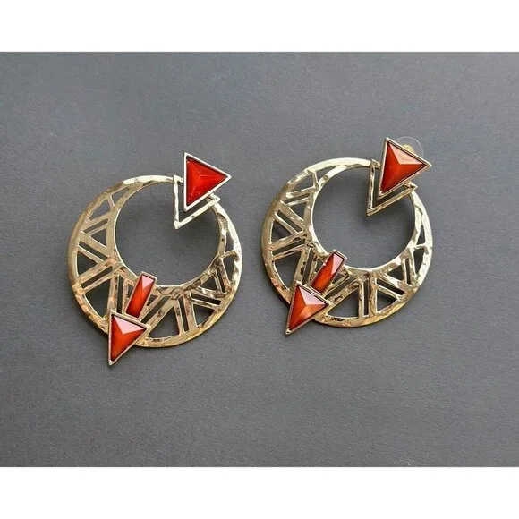 Vintage gold tone round Oriental Style filigree two tone, hoop earrings set of 5 - Picture 3 of 12